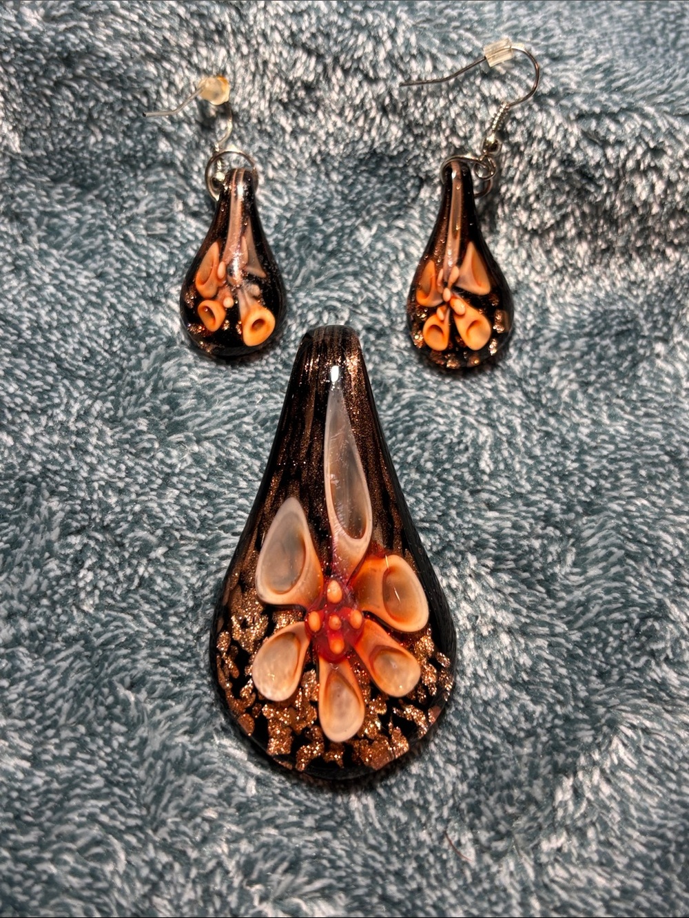 Murano Style Black Glass Teardrop Pendant & Earring Set with Coral Toned Flower